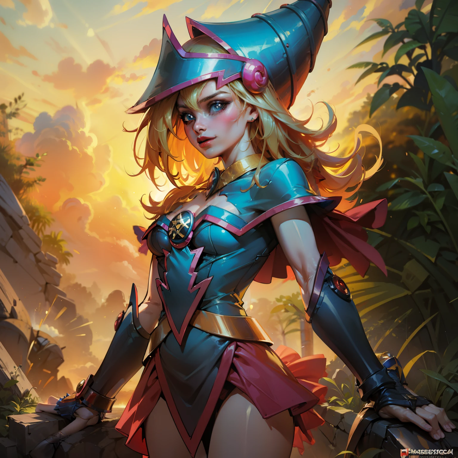 An Illustrated, Hand-Drawn, Full Color, Warm Lighting, Shadows, Graphite Shading, Stencil Marks, Airbrushed Acrylic Paint, In The Style Of Breath Of The Wild. ((Masterpiece)), ((Best Quality)), (Detailed), Luscious Lips, Image Of a  beautiful goblin women, Female, Humanoid, Furry, Beauty, Cute, Adorable, red Skin Color, Hi Res, Sharp, Detailed Background, Wide Smile, Bright Eyes. Tall, long legs, long skirt, with bustle. detailed. perfect face. symmetrical. curvy-hourglass-figure. large breasts.