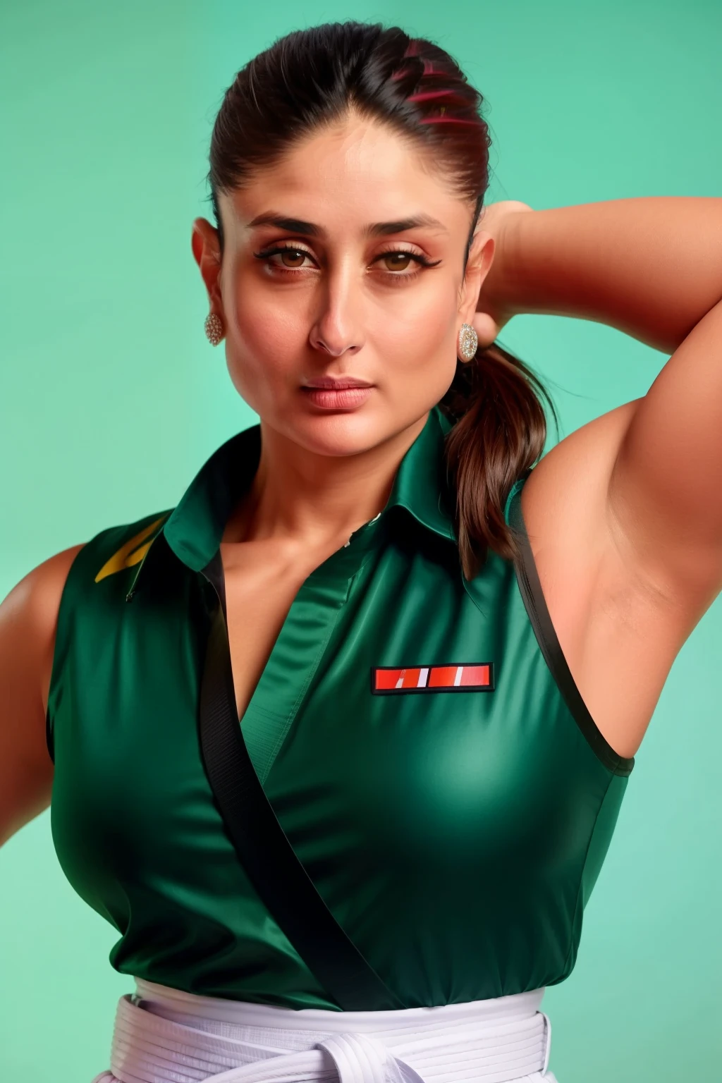 Young Kareena kapoor ready to fight in karate and karate black belt clothes.
She is sweating.
She is very beautiful karate player.
Large breasts.
Hairy armpits.
She is a very beast angry karate player.
Very angry mood
Pony tail.
She has removed her earrings.
In karate ring at olympics.
Cobra cai movie
A hollywood movie poster