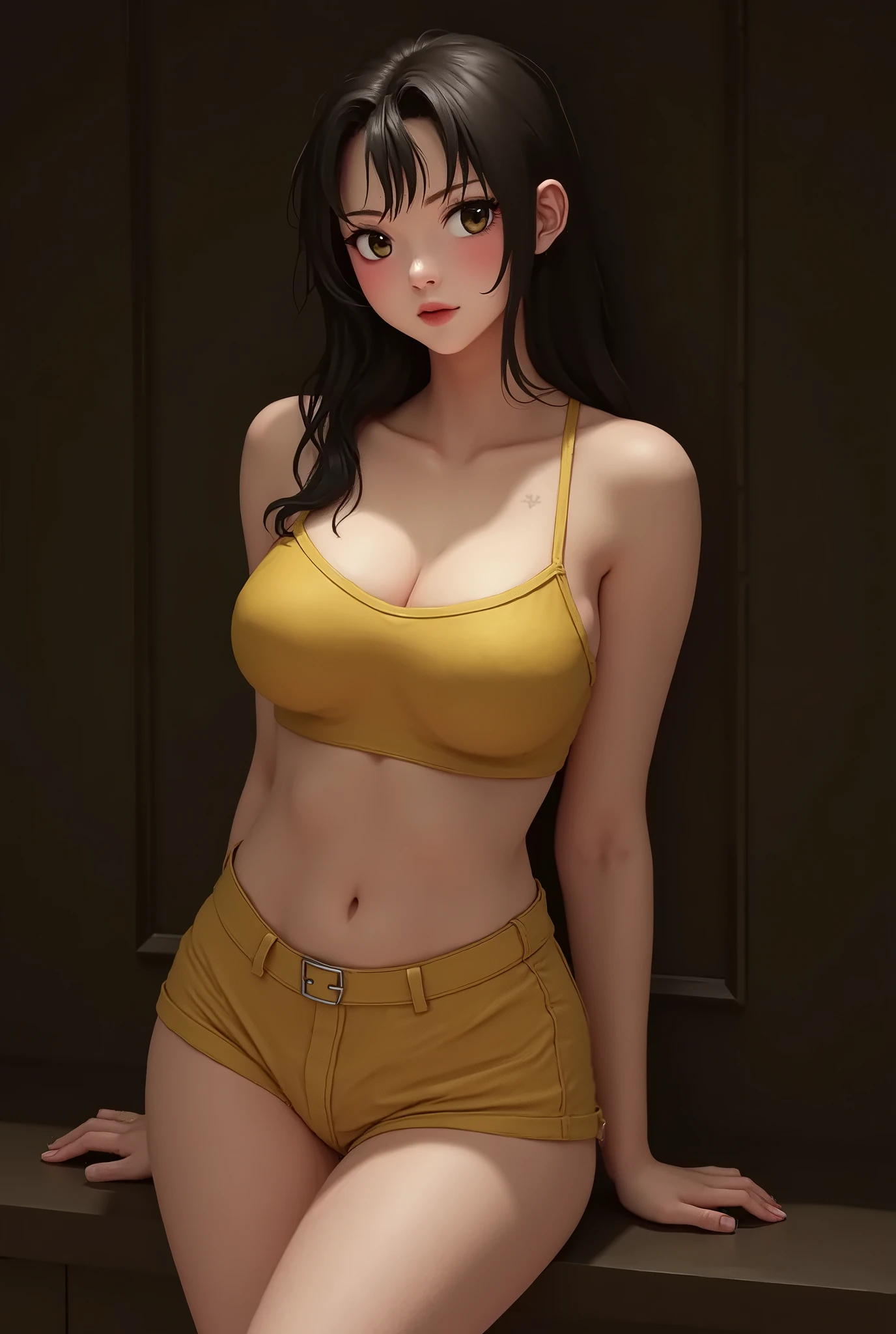 blushing,black hair, brown eyes, sit on a sofa,white bra, white panties, yellow fishnet stockings, full body,