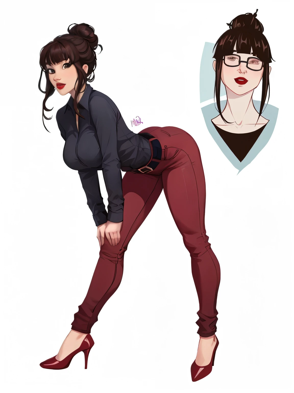 The image shows a character with a large chest, wearing tight red pants, standing with one leg up and the other leg forward, while next to her is a smaller, more slender character with glasses.