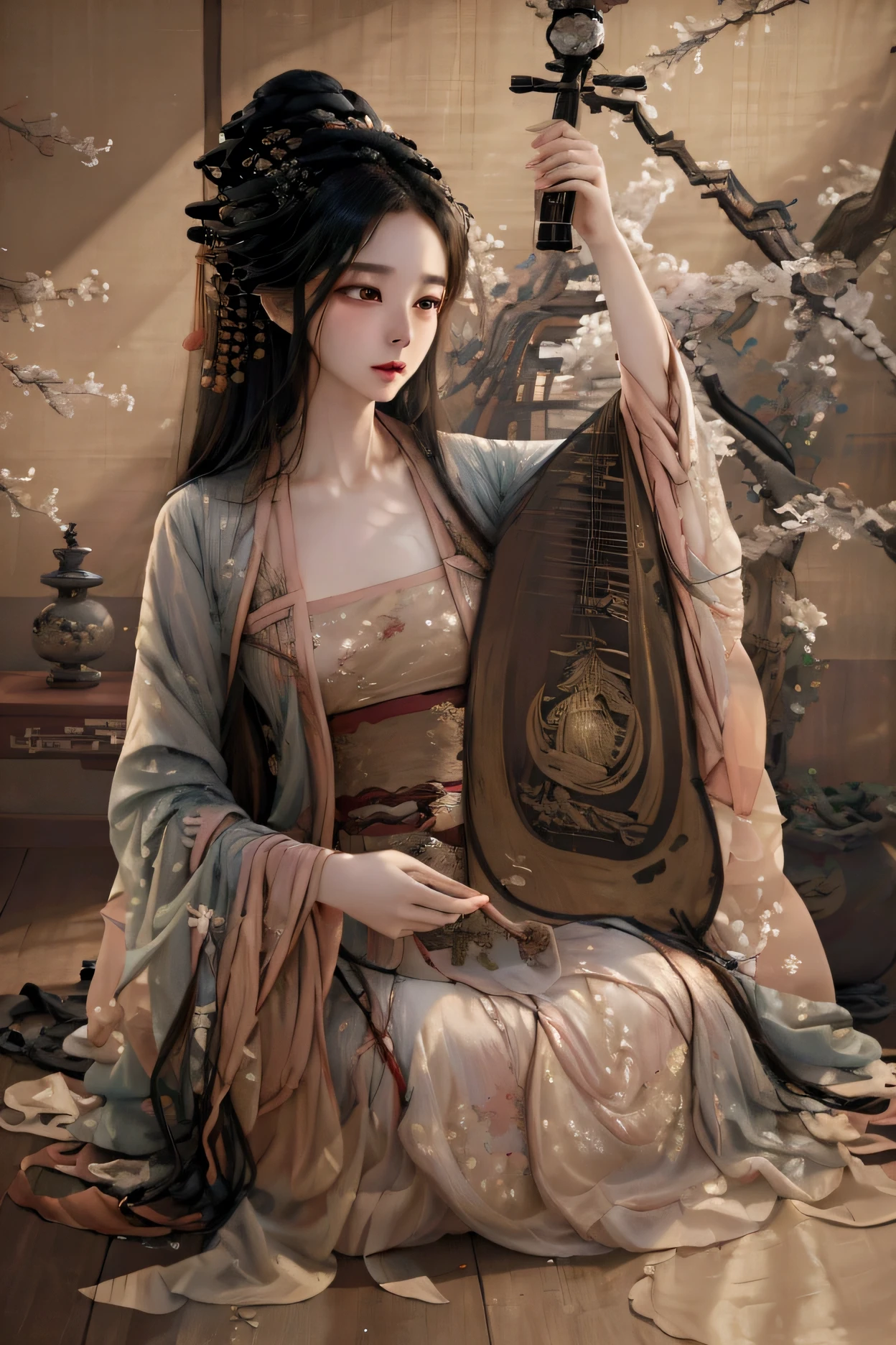 ((Masterpiece up to 16K resolution:1.6)),beautiful,Highest quality,Absolutely wonderful,Very detailed,Ultra-high resolution,masterpiece,Realistic,Realistic,Increased depth of field,Cinematic Light,
One elegant young girl woman, Long black hair,Beautiful face,Very detailed facial expression,Face with a gentle expression,Transparent white skin,Very delicate skin texture,Great proportions,Anatomically correct body,
Elegant high slit dress,elegant colors,Gorgeous and detailed pattern,Beautifully detailed pattern,Detailed cloth texture, super slim , very slim , very fragile image
Based on the passage from "Dream of the Red Chamber,。Illustrate Lin Daiyu sitting elegantly in her room, dressed in a flowing, light-colored silk gown adorned with delicate floral patterns. Capture the intricate details of her clothing, accentuating the graceful draping and the subtle hues that reflect her delicate nature."