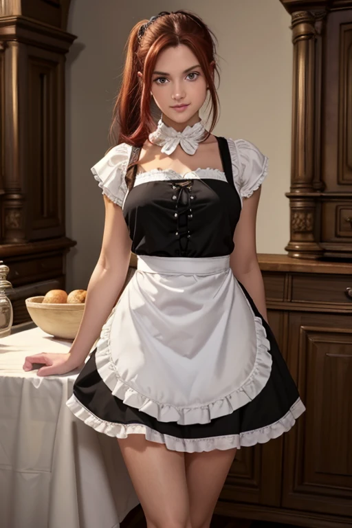 masterpiece,(Best Quality, Realistic face,Detailed face:1.3),(One girl,Alone:1.3),Beautiful detailed eyes,  apron, nightの自然光,Erotic, Maid, Purple eyes,red hair,Small breasts, Looking up, Sensual smile, Frilled付いたカチューシャ, Clothes become loose, white_apron, black_dress, ponytail, black_footwear, Frilled_apron, dress, Maid_apron, Unbuttoned, alternate_hair,very long hair, _ponytail, Spread your legs wide, night, Medieval Europe, Dark Room,  