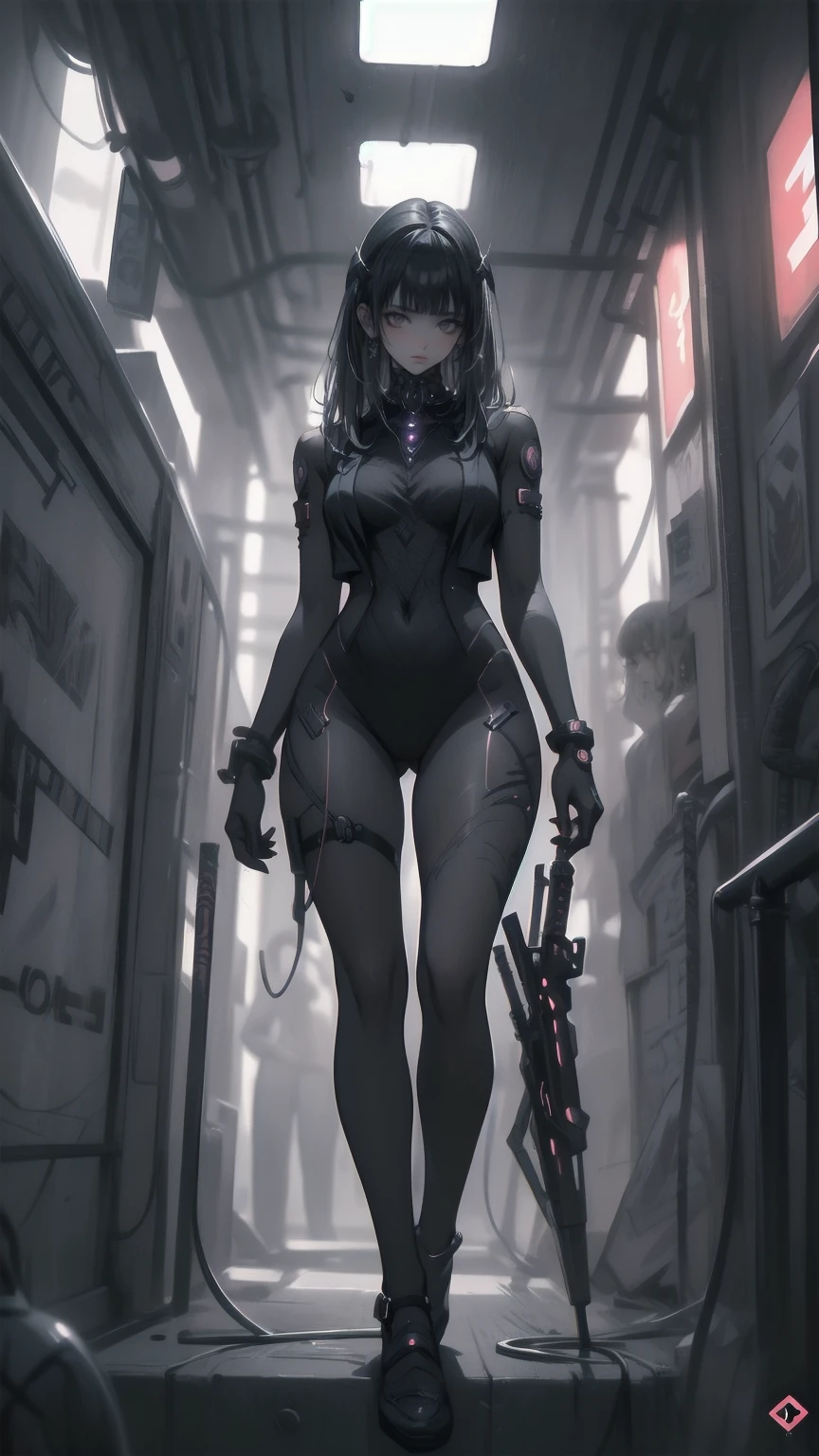 、The whole body is visible、Full body view、Head to toe depiction、beautiful, Luminous futuristic woman, Complex Circuits, Neon-like colors, Cyberpunk Style, Advanced Technology, Digital Art, Advanced Details, Realistic, Dramatic lighting, Dynamic pose, Mysterious, Mysterious, Fascinating
