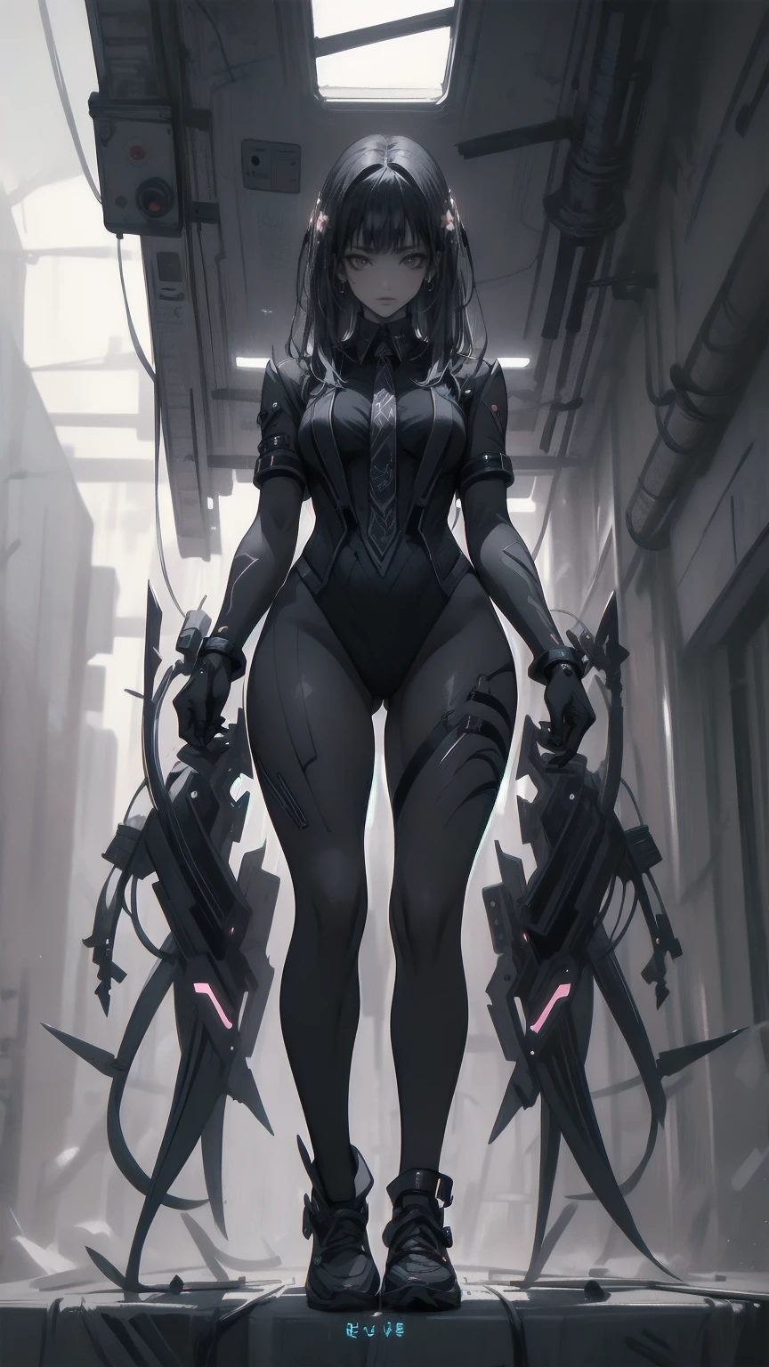 Woman body definition cybernetic body parts, thin waist, stockings, long skirt, mechanical