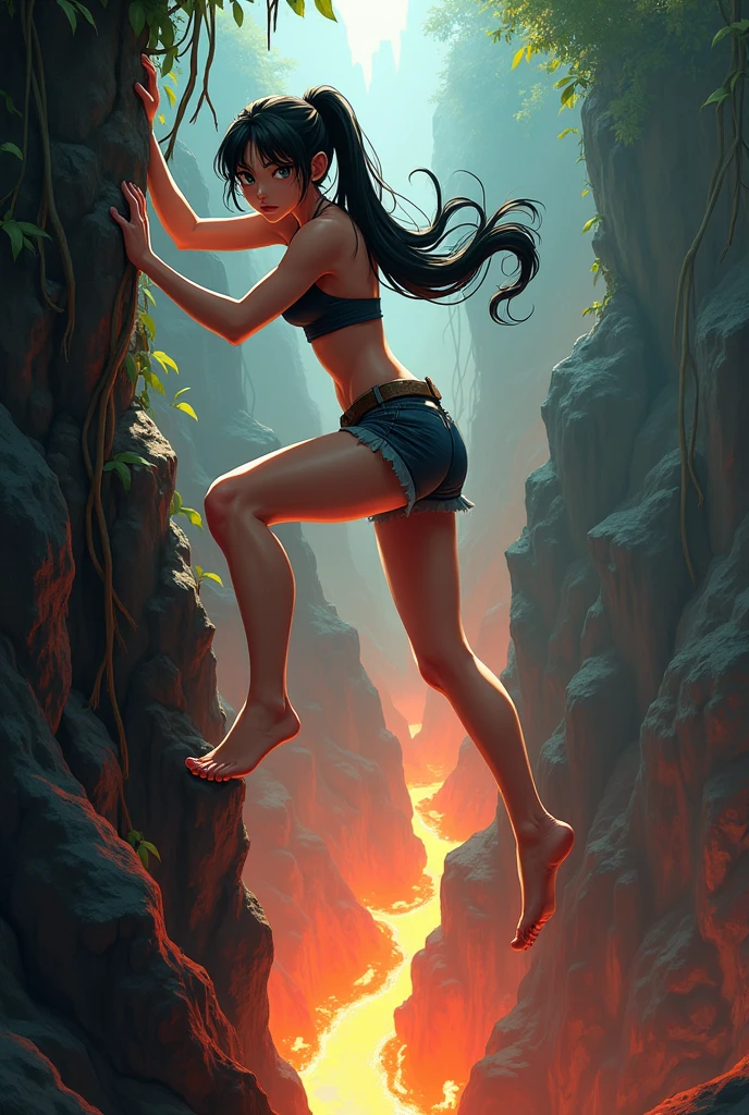 A girl walking along a rope stretched between cliffs,Completely naked