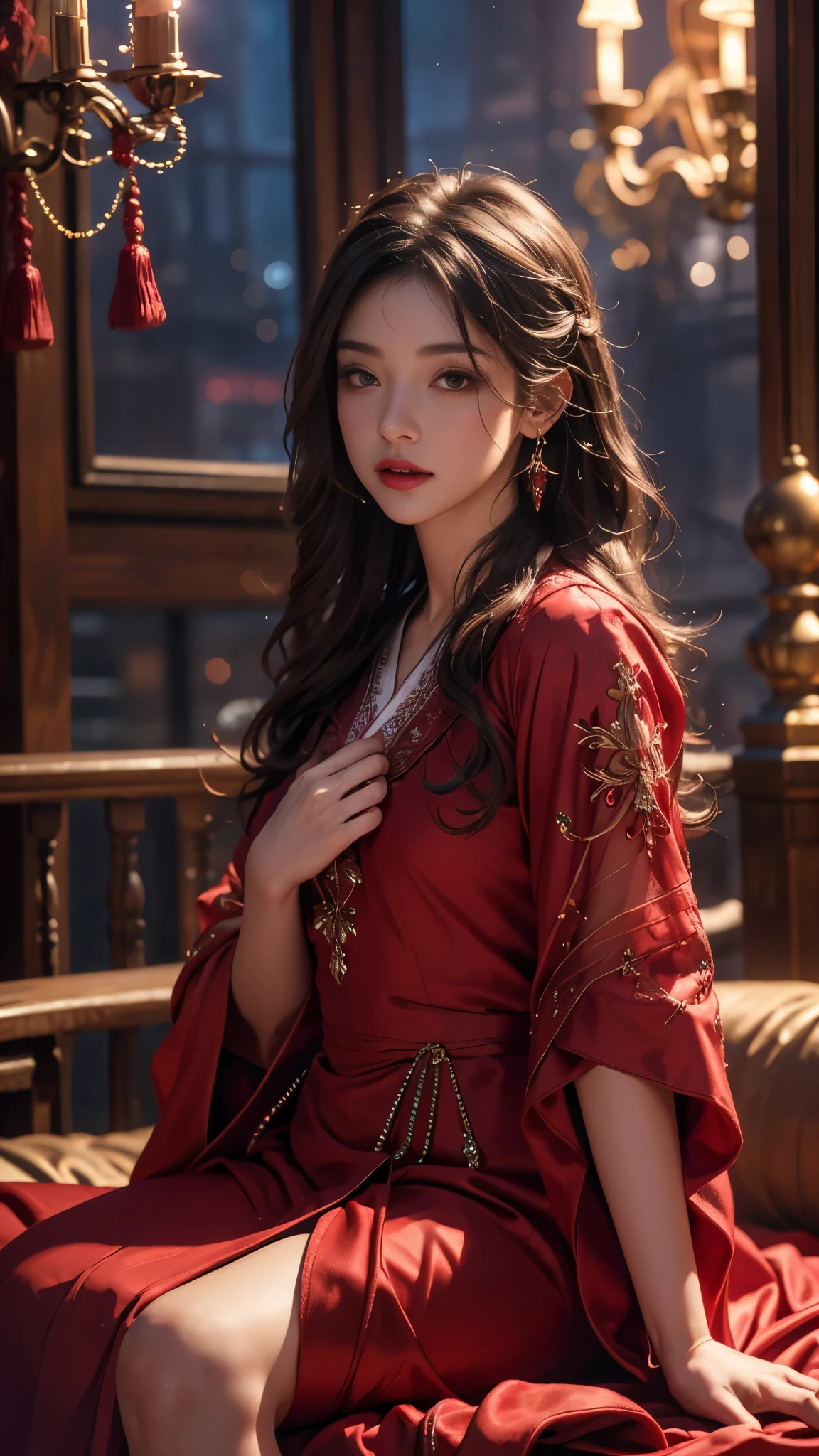 1girl, blurry, blurry_background, brown_eyes, brown_hair, depth_of_field, earrings, flower, full_moon, hair_flower, hair_ornament, lips, looking_at_viewer, moon, moonlight, night, night_sky, outdoors, red_flower, red_moon, sky, solo