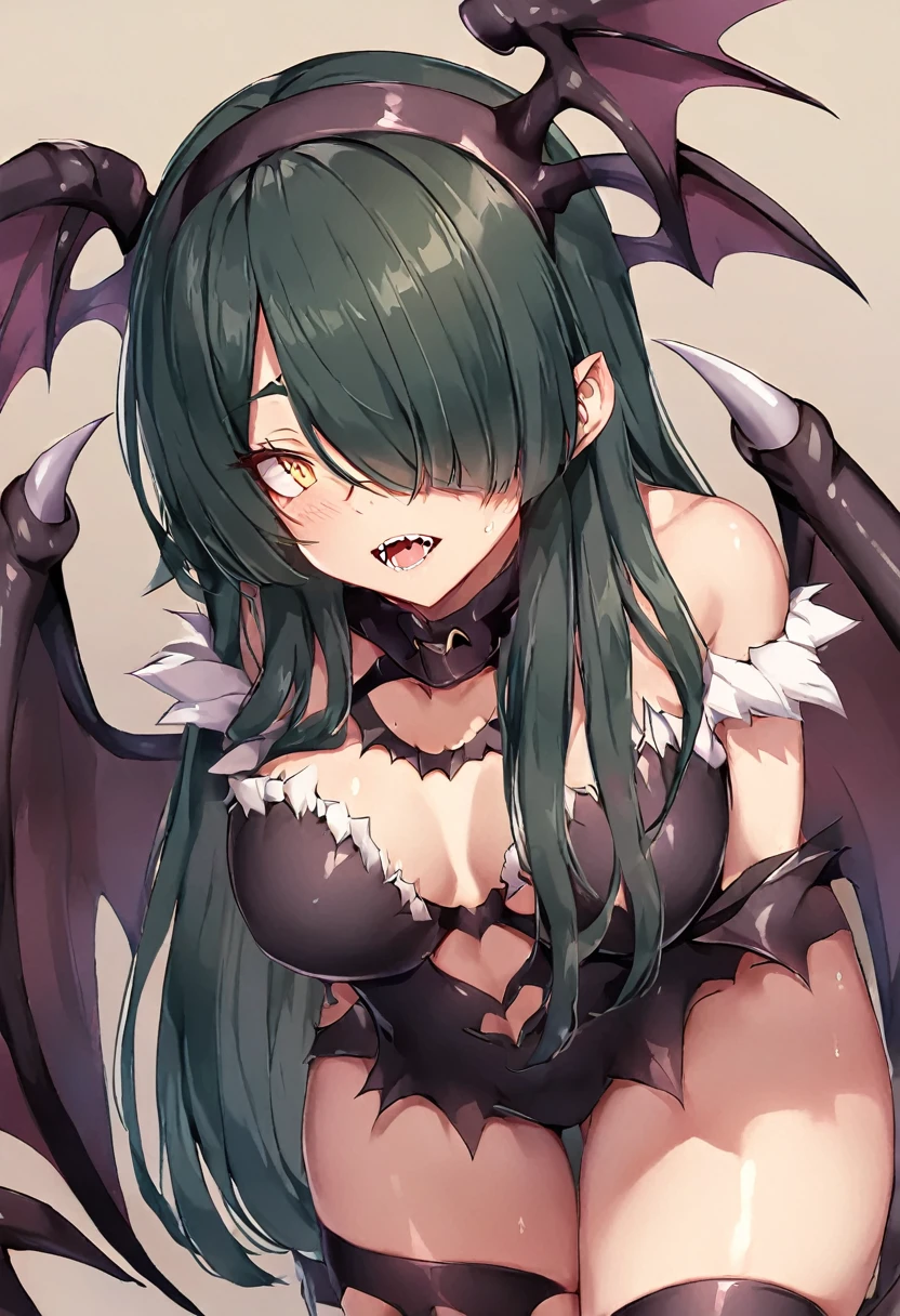 Rosto detalhado, grandes olhos, sharp teeth, hair over eyes, hairband, demon horns, demon wings, long hair, pointy ears, elf, black hair, peitos muito muito grandes, corpo inteiro