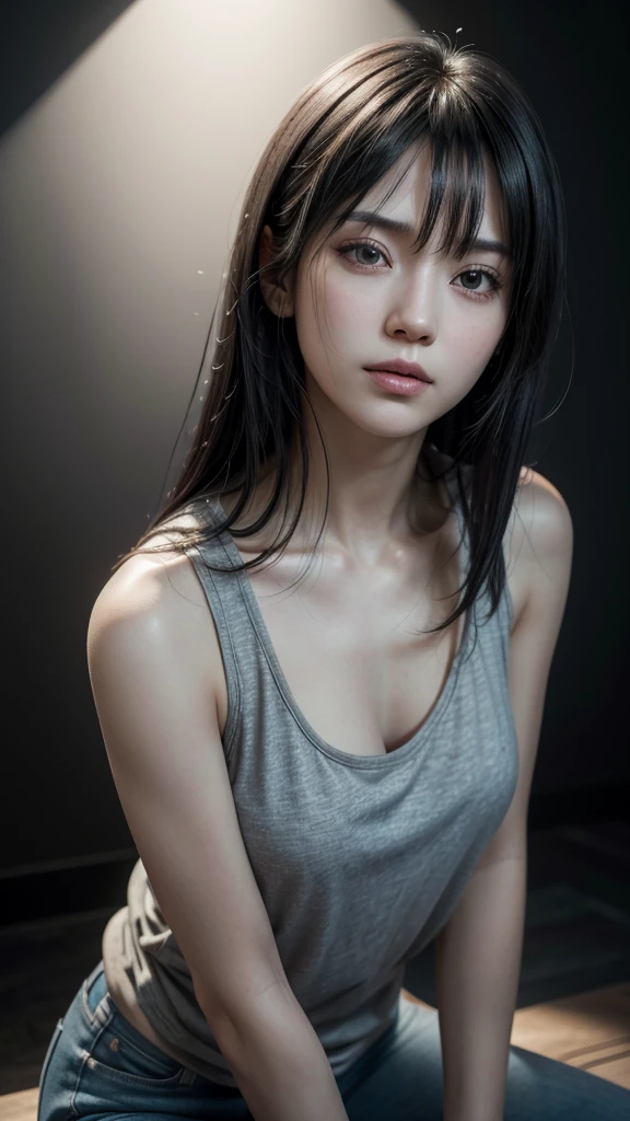 make a semi realistic girl in anime, with bangs and long black hair, wearing a simple gray nightgown, with a very angry look, from the shoulder up, at night inside an abandoned house