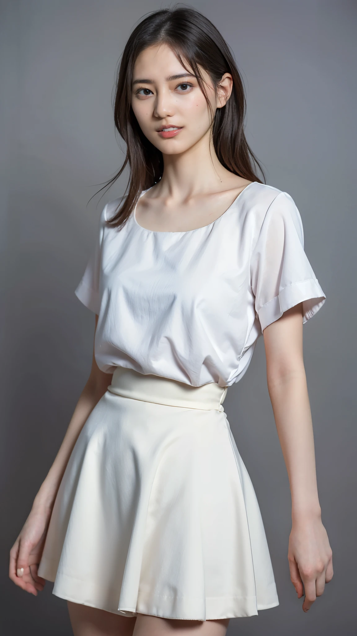 Highest quality,masterpiece,Ultra-high resolution,(Actual:1.4),Original photo,Ultra-high resolution,8K,There are also women,Fair skin、She is wearing a short-sleeved white blouse and a long white skirt.,smiling,
Long legs:1.5,Bright and beautiful,high waist,,Gray background,