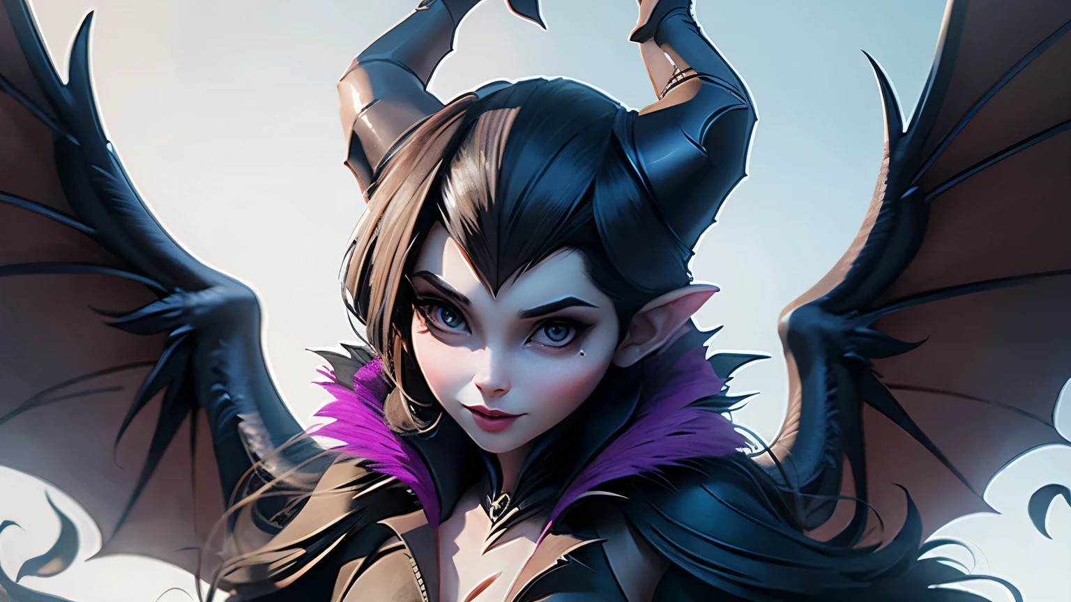 (bruxa) (roupa preta e dourada) (chapeu roxo) (cabelo preto) (olhos vermelhos) (magra) (Maleficent) (4k) (masterpiece) (ultrahd) (alto detalhe)
