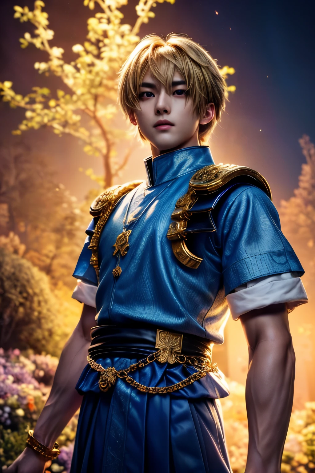 1boy, masterpiece, realistic, absurdres, best quality, high resolution, (Kurapika:1.3), japanese boy, very handsome, perfect face, cute face, intricate detail, clear and beautiful detailed eyes, messy blonde short hair, shiny hair, bangs, blue tabard, white shirt, gold trim, holdig a chain, chains flying, slim muscular, handsome muscle, detailed skin, perfect hand, good anatomy, looking at camera, action scene, dynamic pose, fantasy, night, tree, Moonlight at night, wilderness, flowers, skynight, studio lighting, soft light, upper body portrait, front view, Professional photography, 8K UHD,