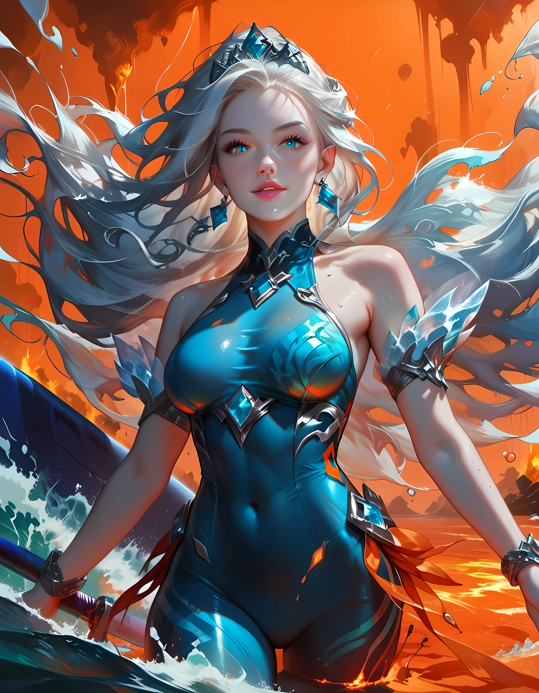 an icy woman surfing in a sea of lava, epic beautiful ((icy human woman)) (best details, Masterpiece, best quality), ((made from ice)), ultra detailed face (best details, Masterpiece, best quality), dynamic hair, surfing an (icy surfboard: 1.1), in a sea of molten lava, lava waves, high details, best quality, 16k, [best detailed], masterpiece, best quality, (extremely detailed), photorealistic, fantasy art, RPG art, ral-lava, ais-icebaby