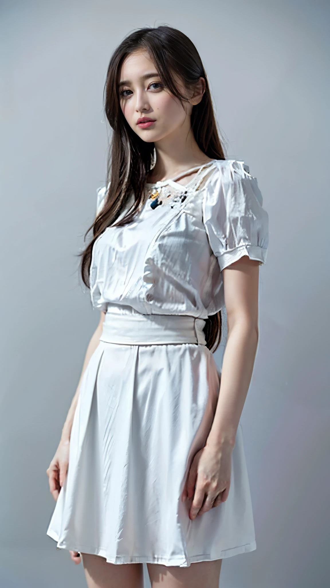 Highest quality,masterpiece,Ultra-high resolution,(Actual:1.4),Original photo,Ultra-high resolution,8K,There are also women,Fair skin、She is wearing a short-sleeved white blouse and a long white skirt.,
Long legs:1.5,Bright and beautiful,high waist,,Gray background,