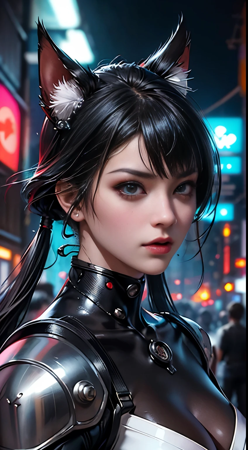 hyperrealistic close up portrait photograph of cyberpunk nekomata catgirl in a crowded Japanese street, wearing combat armor, geisha makeup and hairstyle, (((dynamic pose))), insane details, detailed designs, glowing colorful circuitry, colorful neon trim, cinematic lighting, rim lighting, f/2.8, art by H.R. Giger, Greg Rutowski