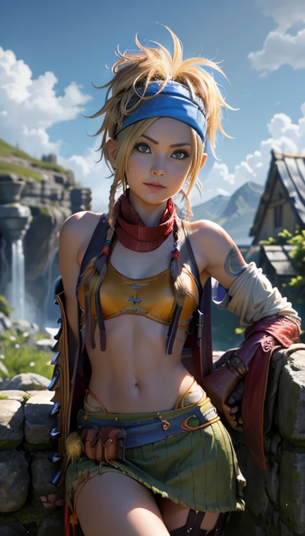 Rikku, the vibrant and lively Vygasian heroine from Final Fantasy X-2, is depicted in this stunning image. She sits confidently on an old stone wall, with legs spread open, exuding an aura of strength and determination. A gentle breeze playfully ruffles her short bobbed hair, adding an element of dynamism to the scene. Rikku's trademark blue and white mini-dress adorned with loops and pockets is visible, as well as her signature bandana around her neck. With a smirk on her lips and her piercing blue eyes focused intently on the viewer, Rikku strikes an utterly captivating pose.