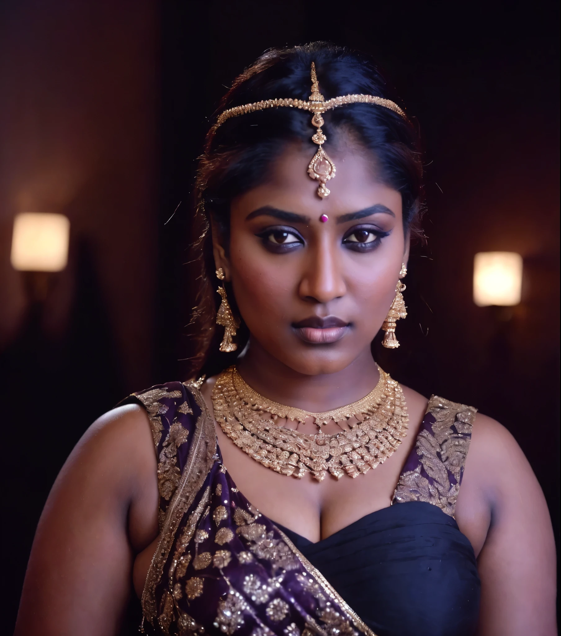 Looks like Nayanthara, thick figure, bulky figure, fleshy figure, black lips, beautiful hypnotizing gazing eyes, Full figured woman, heavy figure, attractive, gorgeous, stunning beauty, milf, 50 years old Woman, attractive body, araffe woman in a gold sari posing for a picture, chocolate skin, skin pores, sweat, incredible skin texture, wearing gold jewellery, photo of a hand jewellery model, sexy girl with dark complexion, indian girl with brown skin, traditional beauty, wearing elegant jewellery, traditional makeup, with small studded earings, indian goddess, indian, intricate thin details in gold, gold jewellery, modeling shoot, 7 0 mm portrait, dramatic lighting, cinematic colour grading,