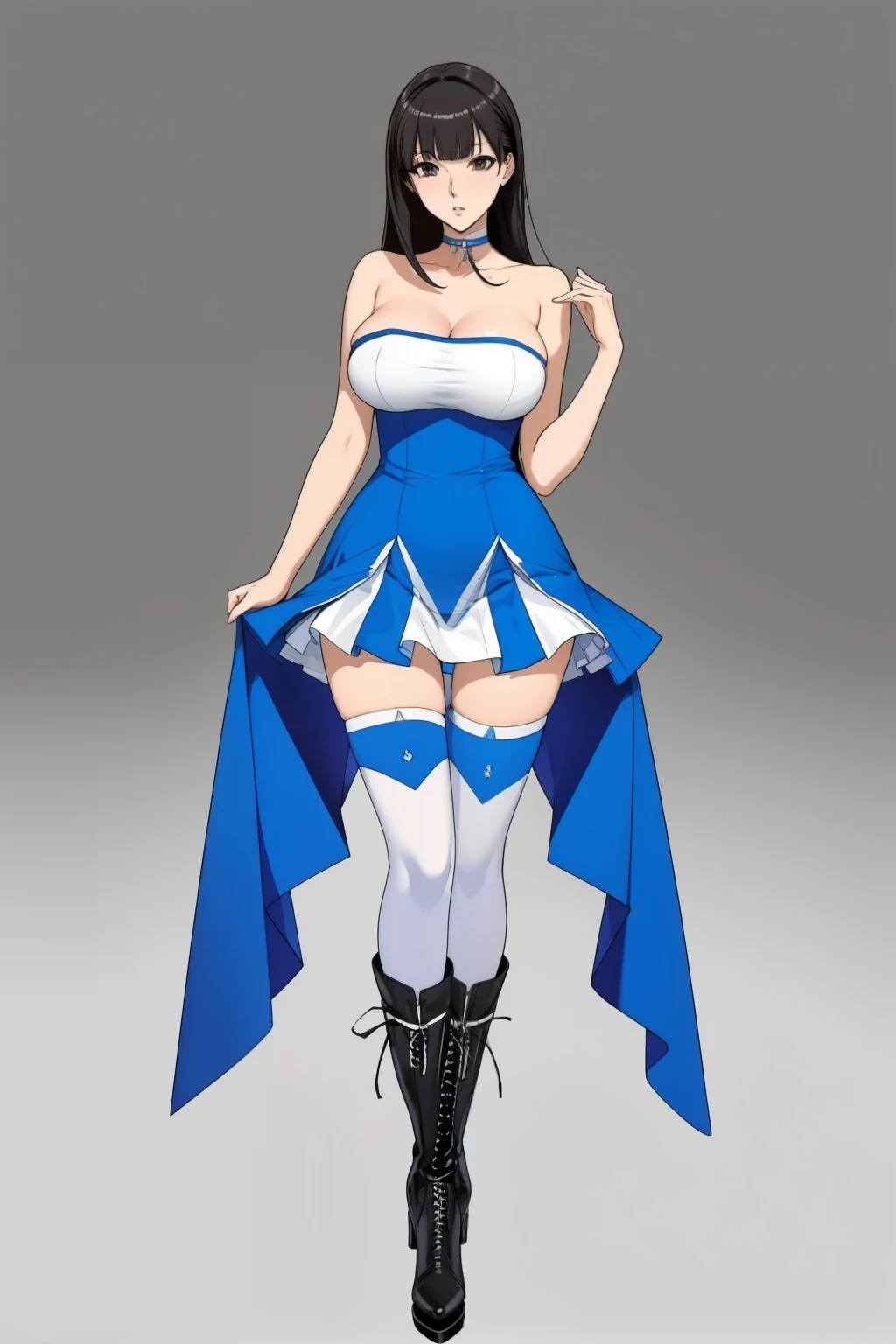 full body standing straight symmetrical, huge boob, cowboy shot, solo, 1MILF, mmplatz, smile, looking at viewer, hands on hips, twintails, twin drills, dress, blue pantyhose, striped pantyhose, Handcuffs on their hands, With a collar around the neck