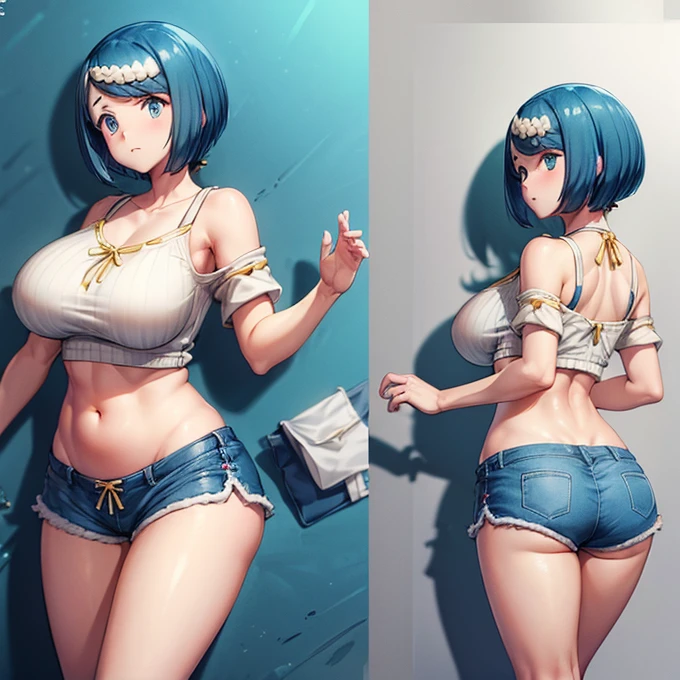 (((Shortsから出ているぺニス)))　sweater　Shorts　Belly button　Huge breasts　Huge Ass　Blue Hair