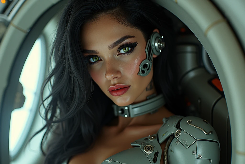 Naked girl and futuristic machinery, jungle above