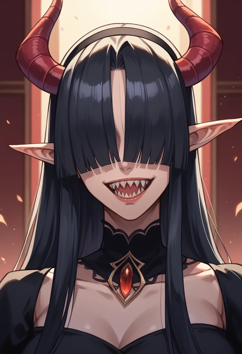 Rosto detalhado, grandes olhos, sharp teeth, hair over eyes, hairband, demon horns, demon wings, long hair, pointy ears, elf, black hair, peitos muito muito grandes, corpo inteiro