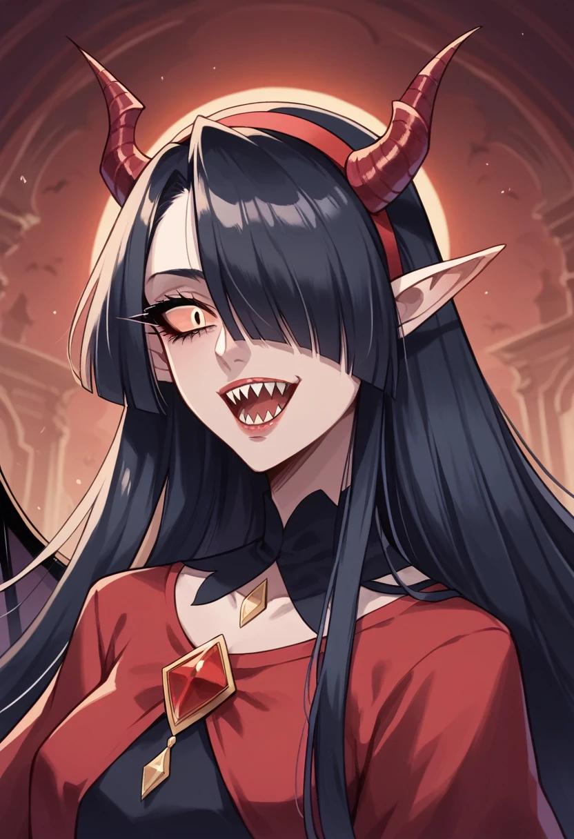 Rosto detalhado, grandes olhos, sharp teeth, hair over eyes, hairband, demon horns, demon wings, long hair, pointy ears, elf, black hair, peitos muito muito grandes, corpo inteiro