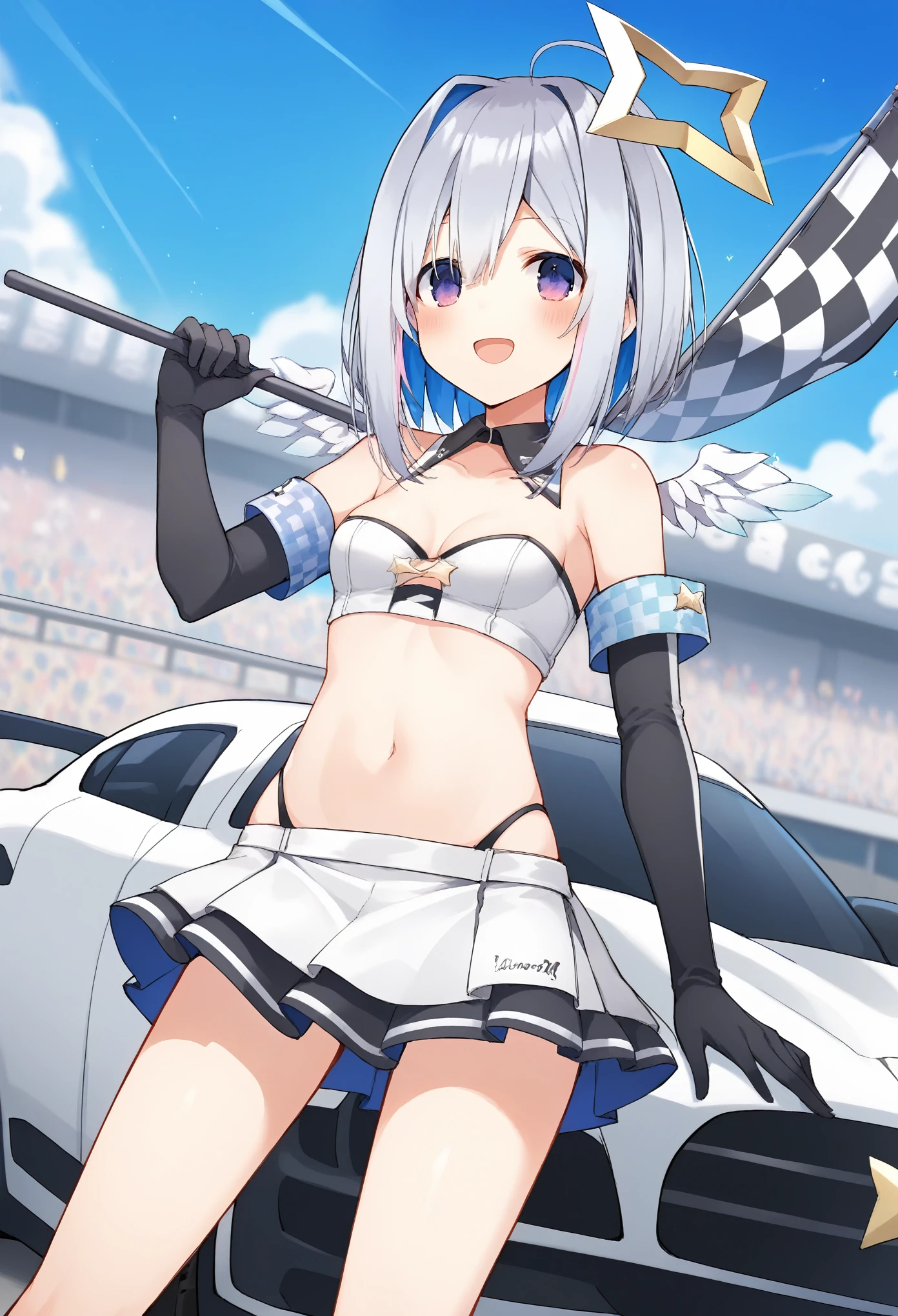 score_9, score_8_up, score_7_up, source_anime, race queen, amane kanata, 1girl, small breasts,star halo,angel wings,multicolored hair,single hair intake,purple eyes,blue hair, checkered flag, flag, gloves, skirt, navel, black gloves, holding flag, elbow gloves, highleg, blush, blue sky, audience, on car, motor vehicle, sports car,open mouth,smile,