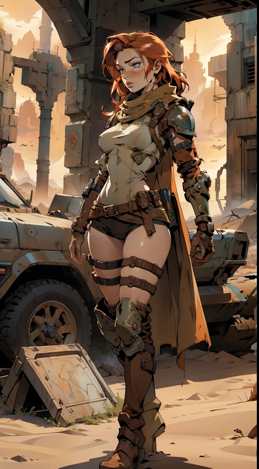Nude post apocalyptic woman, steampunk and mad max inspired, large breasts, steam punk glasses, metal boots, leather gloves, destroyed post apocalyptic cityscape background, visible vagina, visible nipples, spread eagle stance, spread pussy