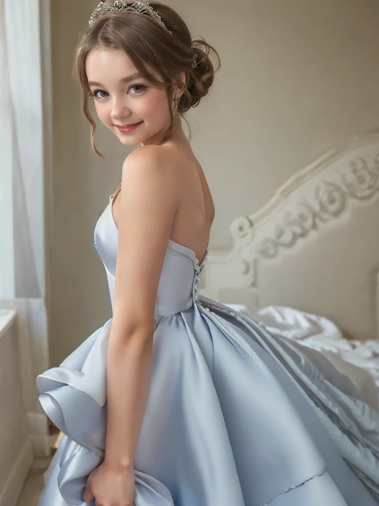 A Caucasian girl, blonde ponytail, BREAK, , standing, (satin princess dress, blue wedding dress:1.4), BREAK, (wedd00ing:1.2), (tiny tits, tt_flat), ((shooting from side)), armpit, smiling, blushing face, bedroom, 