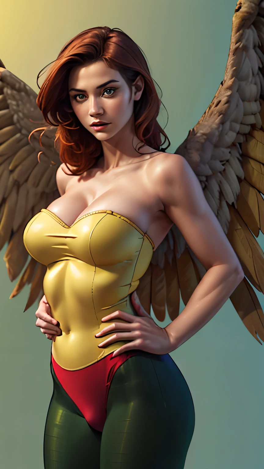 (ultra realistic,32k, masterpiece:1.2),(high detailed skin:1.1),( 8k uhd, dslr, high quality:1.1),
 ShayeraDC, (green eyes:0.9), yellow leotard, strapless, red trunks, green pantyhose,  wings, feathered wings, , (huge breast:1.1), 
(looking at viewer, Bend forward:1.1),
,(ambient lighting:1.1), blank background