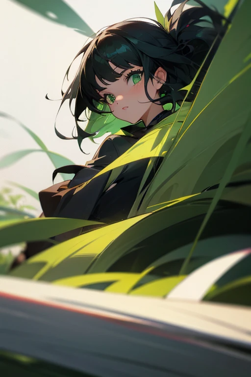 Anime Style,highest quality, masterpiece,Green and black hair, iris,Simple Background,One Girl, Exciting movement,classical