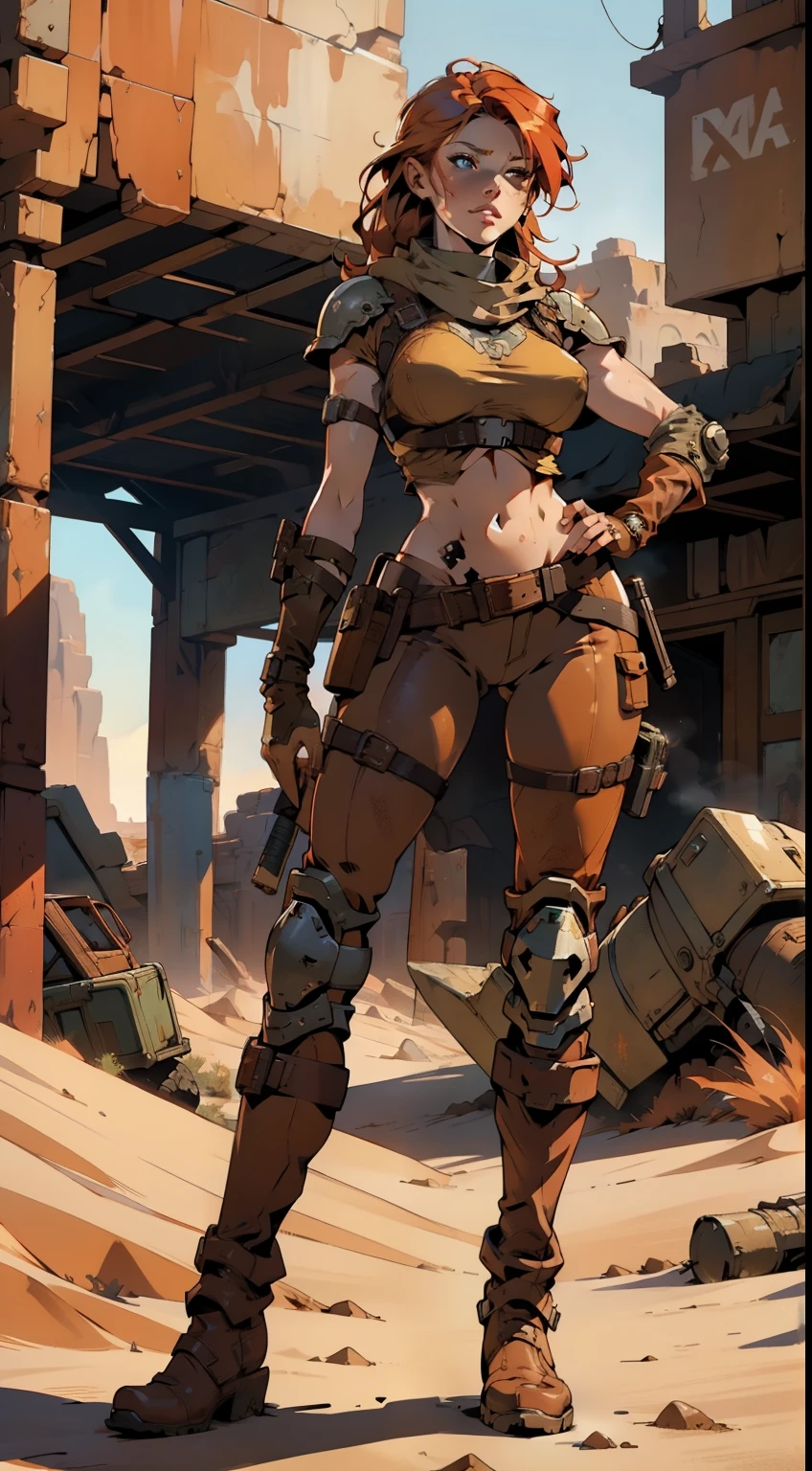 redhead woman in a brown outfit with smal breasts, full body, mystical post-apocalyptic, beautiful redhead woman, in a post-apocalyptic setting, like fantasy female blond character, fantasy character photo, complex fantasy character, beautiful redhead girl, woman stunning, from a beautiful knight, powerful princess of the desert, woman post-apocalyptic, (nsfw)