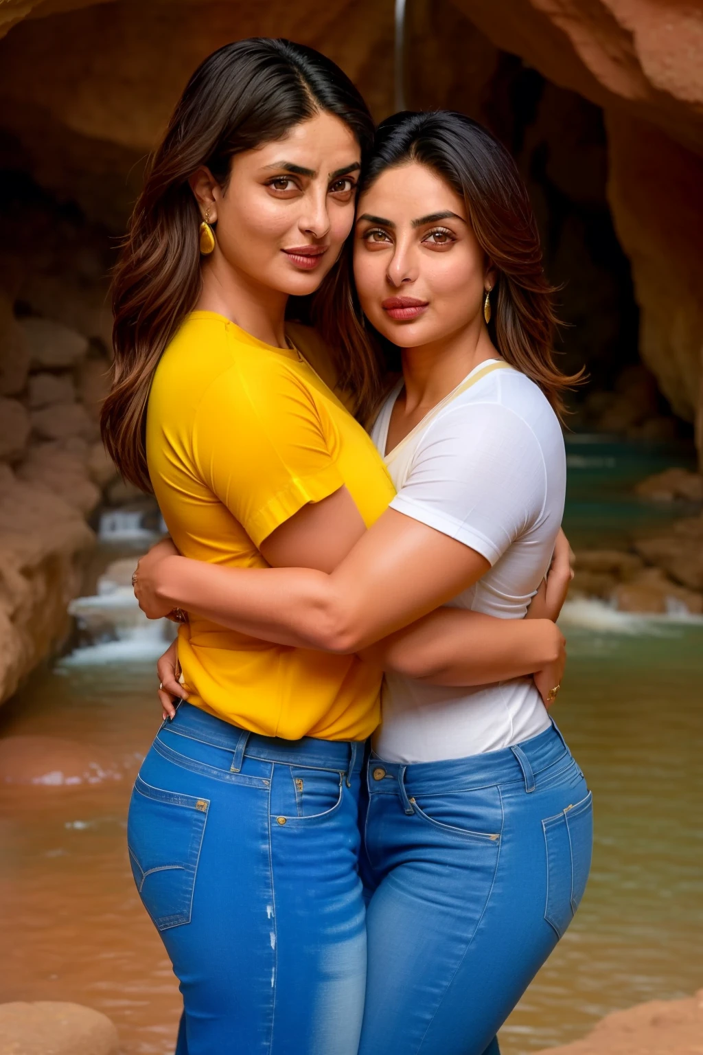 Priyanka chopra wears white tshirt, lifted 20 year old Kareena kapoor on priyanka's shoulder, in rain, who wears yellow tshirt and jeans. kareena hugged priyanka's neck, priyanka is squeezing kareena's large breasts, They both are near the cave, near the waterfall.
A movie poster 