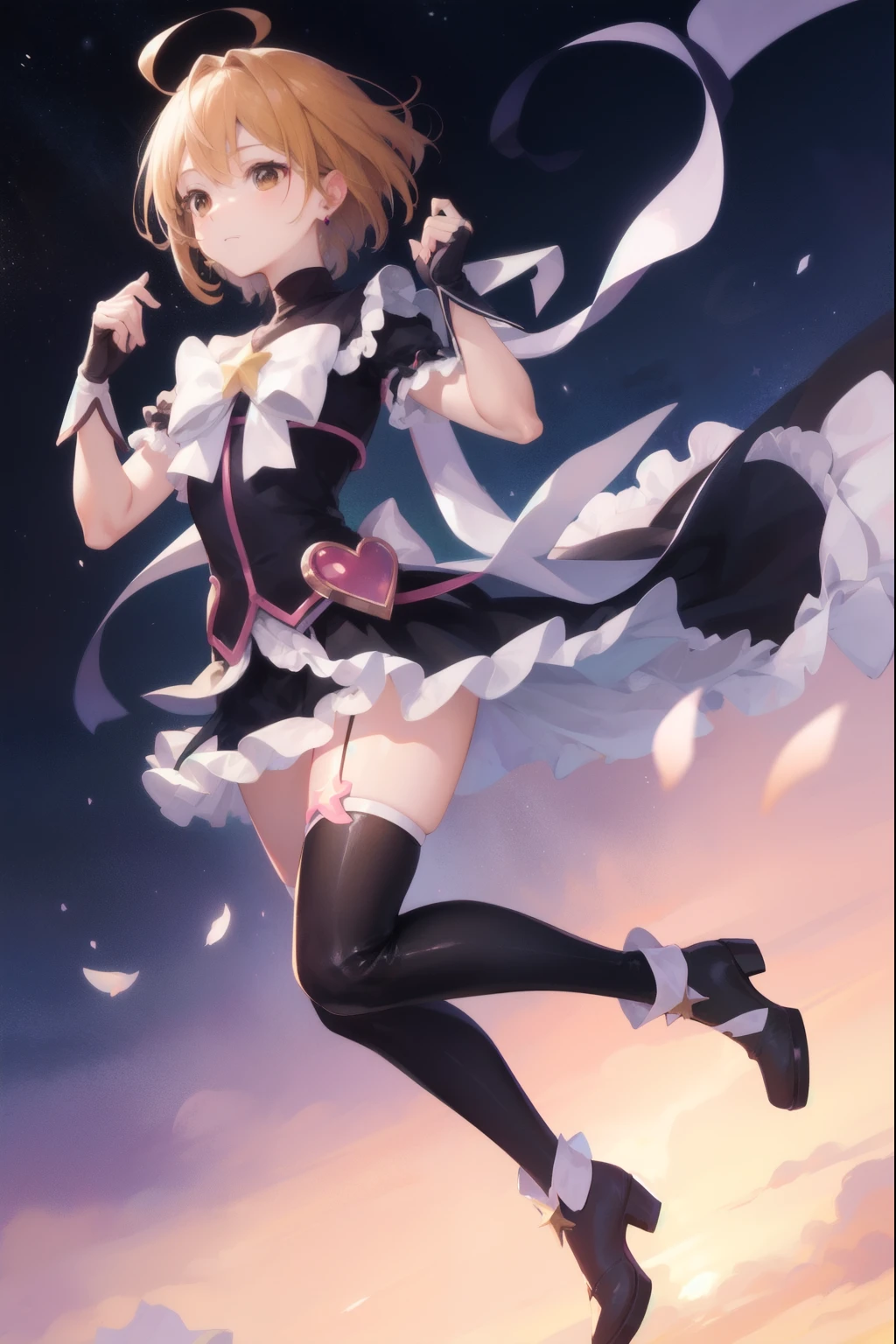 cureblack, cure black, ahoge, (brown eyes:1.5), brown hair, eyelashes, short hair, (swept bangs:1.5), BREAK black footwear, long black gloves, thigh highs, bow, earrings, fingerless gloves, frilled skirt, frilled sleeves, frills, gloves, star brooch, magical girl, ribbon, short sleeves, short frilly shirt BREAK (masterpiece:1.2), best quality, high resolution, unity 8k wallpaper, perfect lighting, extremely detailed CG, (perfect hands, perfect anatomy), full body