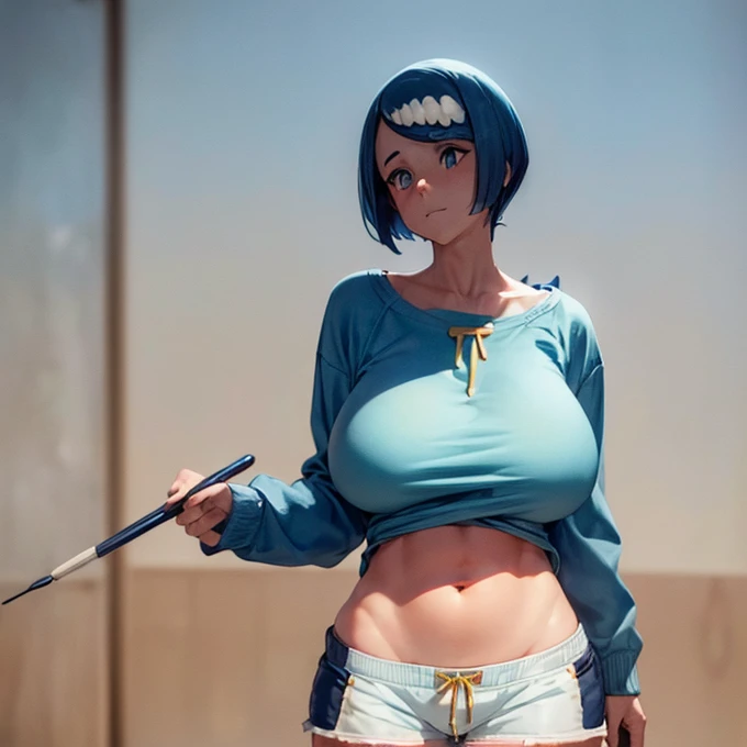 (((Penis sticking out of shorts)))　A woman with a growing penis　sweater　Shorts　Belly button　Huge breasts　　Blue Hair