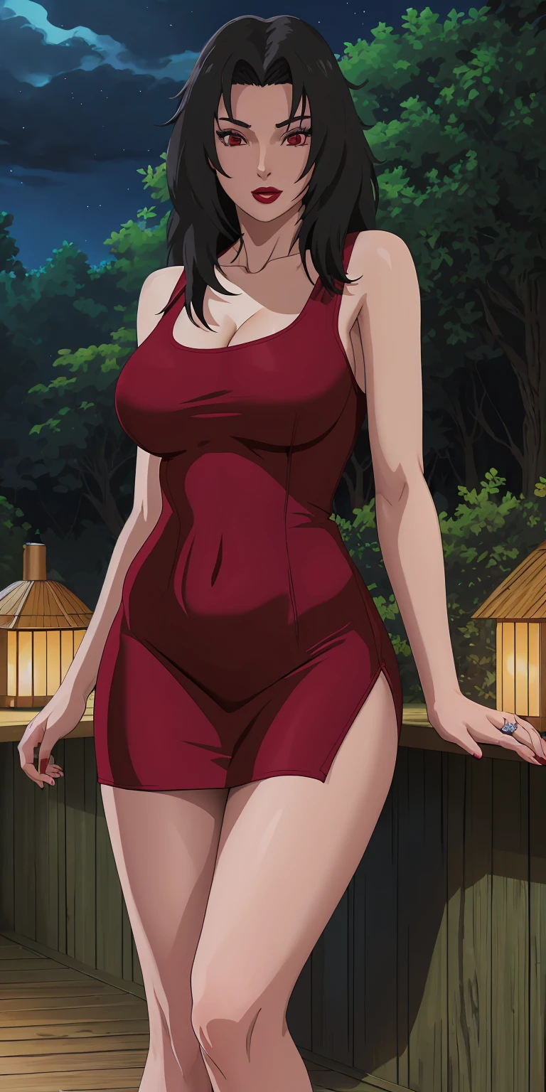 masterpiece, best quality, extremely detail 8k cg, high resolution, 1girl, mature female, RedTankTop_KurenaiYuhi_ownwaifu, 1girl, black hair, long hair, lipstick, makeup, red eyes, red lips, medium breasts, lips, cleavage, red dress, short dress, collarbone, tank top, bare shoulders, wedding ring, collarbone, titsonastick, beautiful face, night time, konohavillage, outdoors, forest