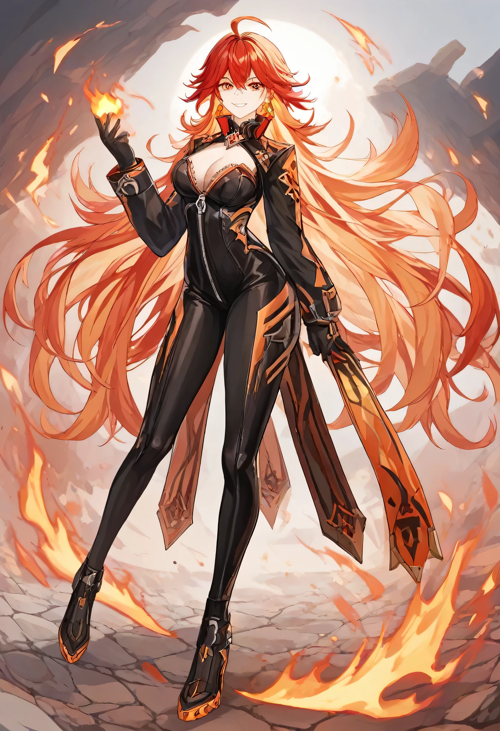 Mavuika, Gensin, 1girl, breasts, earrings, jewelry, solo, gloves, long_hair, cleavage, red_hair, ahoge, black_gloves, fire, red_hair with some orange edge, looking_at_viewer, bangs, red_eyes, multicolored_hair, large_breasts, orange_eyes, blacl bodysuit, long_sleeves, two-tone_hair, smile, black full body clothes with some red marks, Zipper vertically on clothes, masterpiece, best quality 