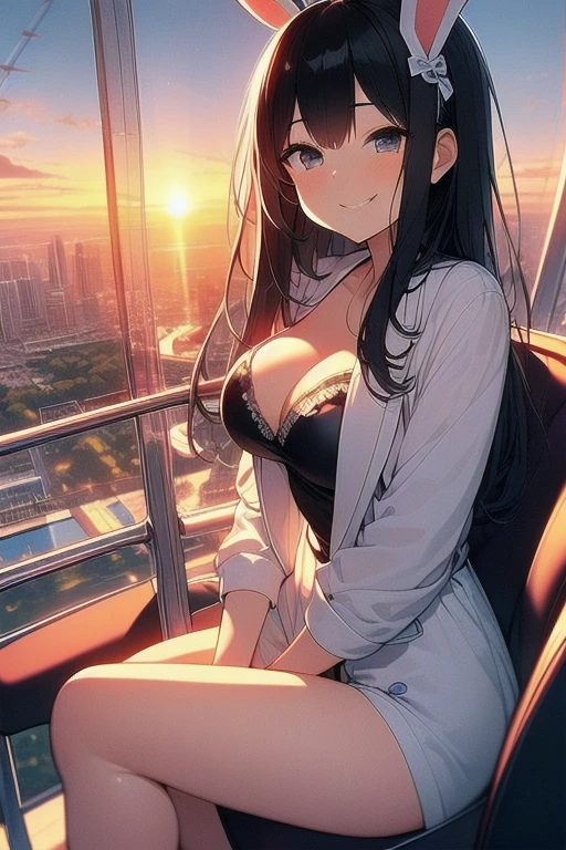 masterpiece, super details, best quality, beautiful girl, (bunny girl), bunny suit, smirk, (cleavage), sitting on seat, ferris wheel, overlooking the scenery, glass housing in low sky, amusement park, sunset