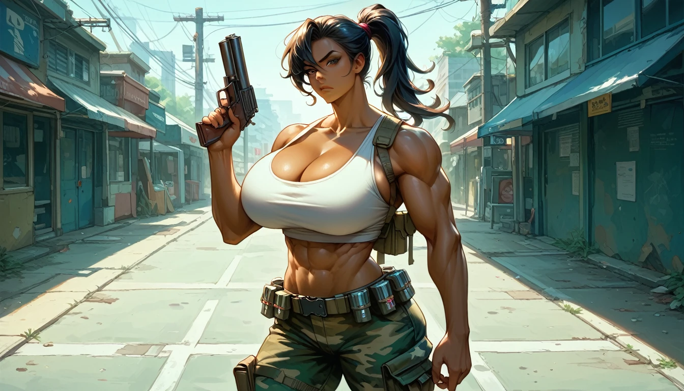 score_9, score_8_up, score_7_up, score_6_up, masterpiece, high quality, perfect face, beautiful face, solo, 1girl, ponytail, dark skin, white tank top, camo khaki pants, cleavage, serious, huge breasts, perfect round breasts, muscular, abs, perfect female body, looking at viewer, standing, holding 2 pistols, gun holster, utility belt, warzone, morning, zoom in, intricate detail, delicate pattern,