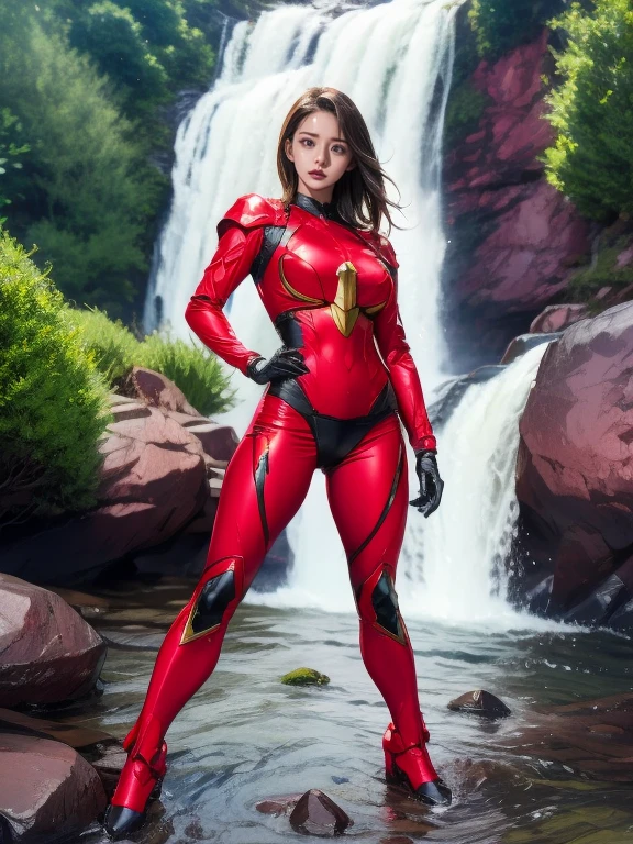 Full Body Shot, Very detailed, The costume colors were inspired by Gundam.、8k, Actual Photos, Impressive lighting, Dynamic action poses, Great energy effect, Black and red color palette, Simple costume design, Advanced Technology, Heroic and powerful, There is a large waterfall in the background、standing。