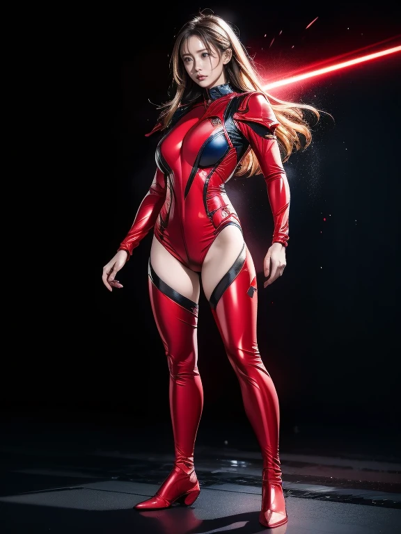 Full Body Shot, Very detailed, The costume colors were inspired by Gundam.、8k, Actual Photos, Impressive lighting, Dynamic action poses, Great energy effect, Black and red color palette, Simple costume design, Advanced Technology, Heroic and powerful, There is a large waterfall in the background、standing。