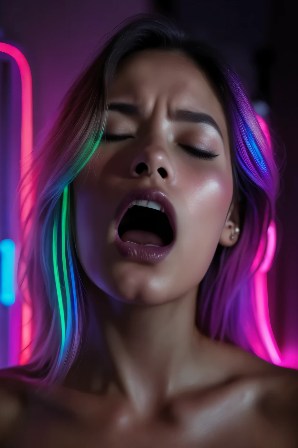 ((Close-up face)). Nude beautiful Rocket girl with Nordic features, glam hair, upturned nose,((fkface, open mouth, closed eyes, pain facial expression ))), head up, top view. (((dark ambient, colorful lights, neon colors, hotel Room background ))). 