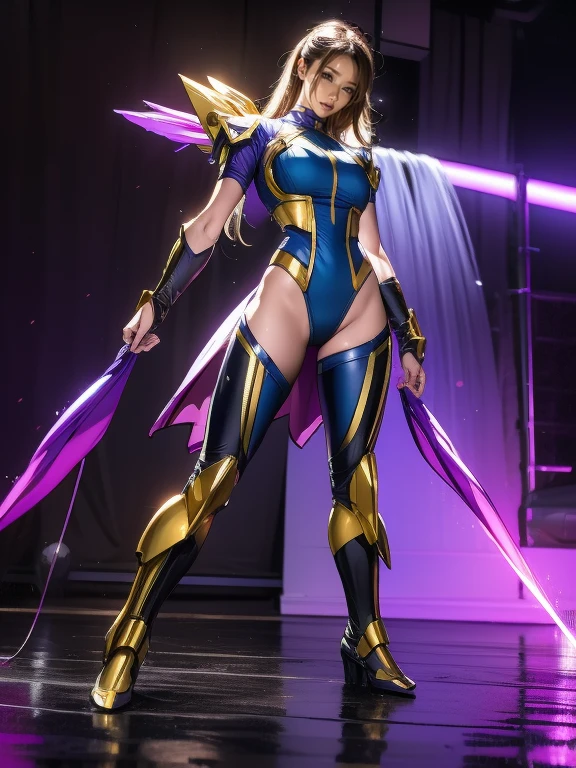 Full Body Shot, Very detailed, The costume colors were inspired by Gundam.、8k, Actual Photos, Impressive lighting, Dynamic action poses, Great energy effect, Purple Color Palette, Simple costume design, Advanced Technology, Heroic and powerful, There is a large waterfall in the background、standing。