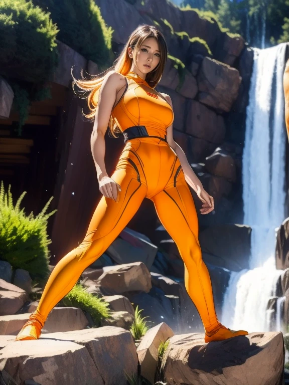 Full Body Shot, Very detailed, The costume colors were inspired by Gundam.、8k, Actual Photos, Impressive lighting, Dynamic action poses, Great energy effect, Orange color palette, Simple costume design, Advanced Technology, Heroic and powerful, There is a large waterfall in the background、standing。