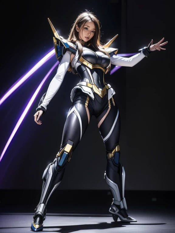 Full Body Shot, Very detailed, The costume colors were inspired by Gundam.、8k, Actual Photos, Impressive lighting, Dynamic action poses, Great energy effect,Black tones, Simple costume design, Advanced Technology, Heroic and powerful, The background is gray、。