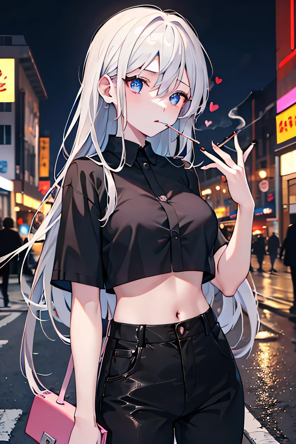 (Masterpiece:1.2), (Best quality:1.2), Perfect eyes, Perfect face, voluminetric lighting, 8 Girls, Put your hands together into a ring，Black lace gloves，From above, top angle, Dramatic angle, mature female detective, Muscular, Hands in pockets, Background: Mysterious quantum environment, Cosmic elements and ethereal atmosphere，A mix of bright lights and colorful nebulae. Theme: A mysterious girl with a magical aura. She has long, Colorful wavy curls, The shiny hair stands out.  With its crystal clarity and sparkling details. The girl exudes magical energy，Her presence hangs over her，mesmerising. Covered with: Keep subtle glowing effects and glitter overlays around the girl, Covered with: Add a soft glow effect around the girl and crystal, It seems to exude magic. Also, Add small details of flash，Enhance the ethereal atmosphere., Concentration, Frowning, In the street, Tall building, Night, Neon signs, rain, grey sky, Dramatic lighting, lipstick, eye shadows, Thick eyelashes, Earrings