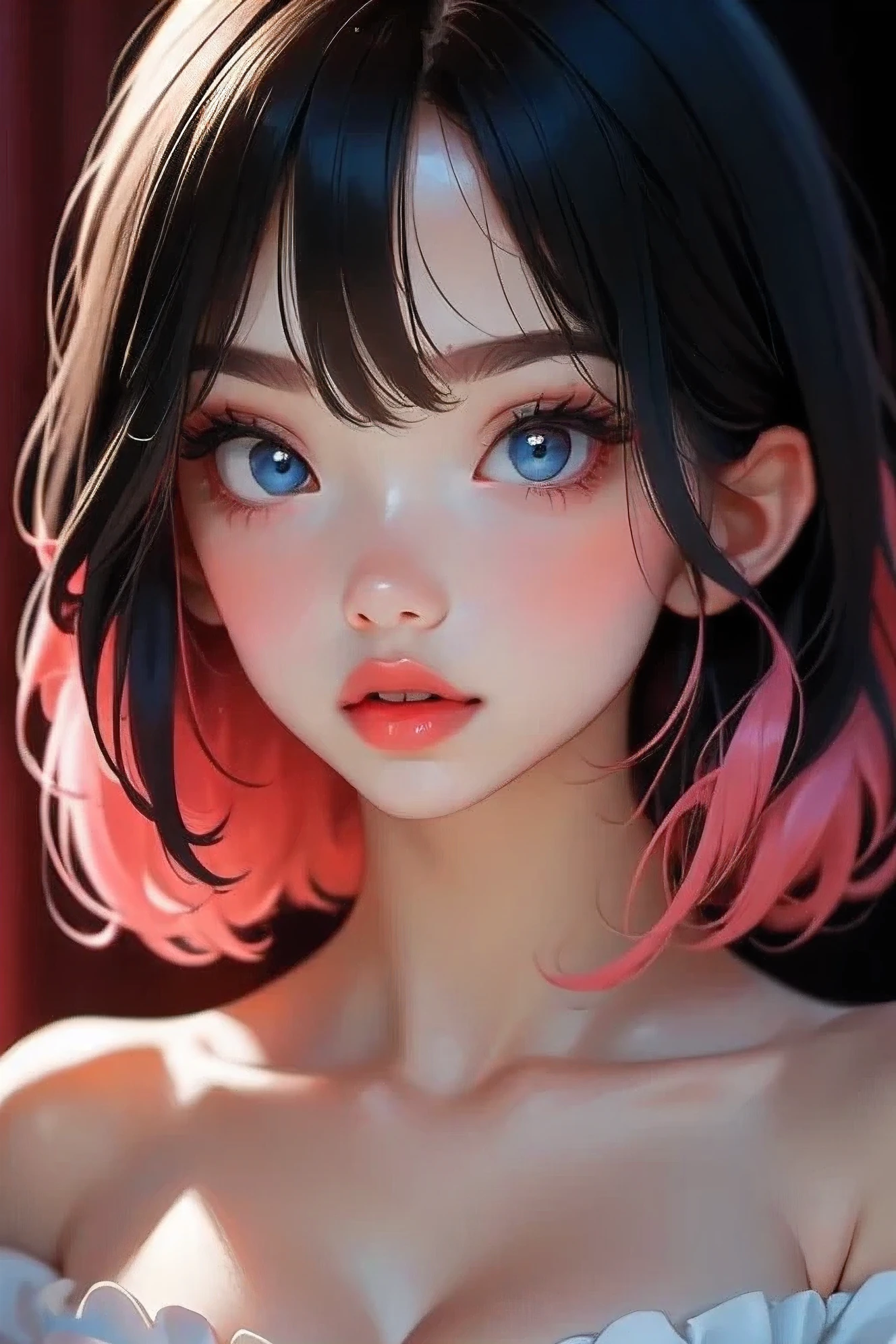 (detailed), studio lighting, hyper detailed, age girl, 、Blue eyes with well-defined double eyelids and long eyelashes, in the white girly dressroom backdrop, realistic face, detailed skin, Pink tips black long bob hair 、bangs covering forehead, extremely detailed lips, large mouth, full, plump, glossy light pink lips, natural-looking makeup, transparent lip gloss, with off-shoulder tops, photorealistic, ((Best Quality)), ((masterpiece)), high quality, 8k, masterpiece, big breasts, cleavage, drooling, sexy, submissive, teasing, sexual gaze,
