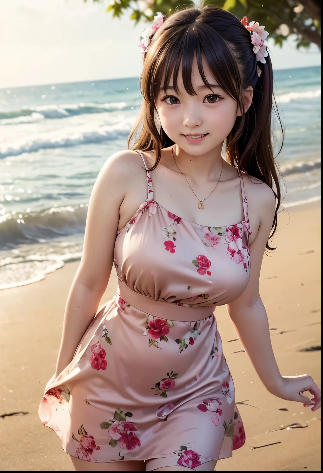 ( Best Quality、masterpiece:1.3、Ultra-high resolution)、(Very detailed、Caustics) (Real:1.4、RAW shooting、)超Realなキャプチャ、Very detailed、Natural skin texture、masterpiece、(A Japanese elementary school girl wearing a pale red satin floral dress:1.3)、Hair blowing in the wind、Adorable expression、Expression of joy、、: 、Baby Face、Innocent Girl、Amazingly cute、Twin tail hairstyle、Curly Hair、ribbon、Black Hair、Large Breasts、Shining thighs、Shining ass、necklace、Photo taken on a beach in Okinawa、Background Details、smile、Attractive gaze、(Anatomically correct)、Cowboy Shot、Attention to detail、