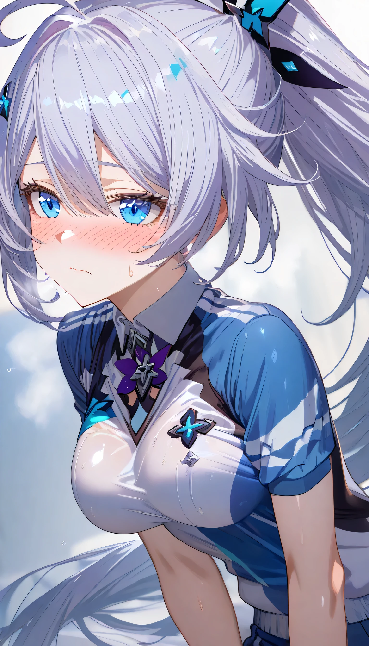 masterpiece, ultra HD, high-resolution, detailed, (highly detailed:1.5), (sharp focus:1.4), (crisp edges:1.3), 1girl, kiana kaslana \(honkai impact 3rd\), herrscher of finality, silver hair, ahoge, ponytail, very long hair, blue eyes, medium breast, skinny skin, blush, closed mouth, heavy breathing, (sports uniform:1.6), (blue varsity jacket:1.6), (white button-up shirt:1.4),