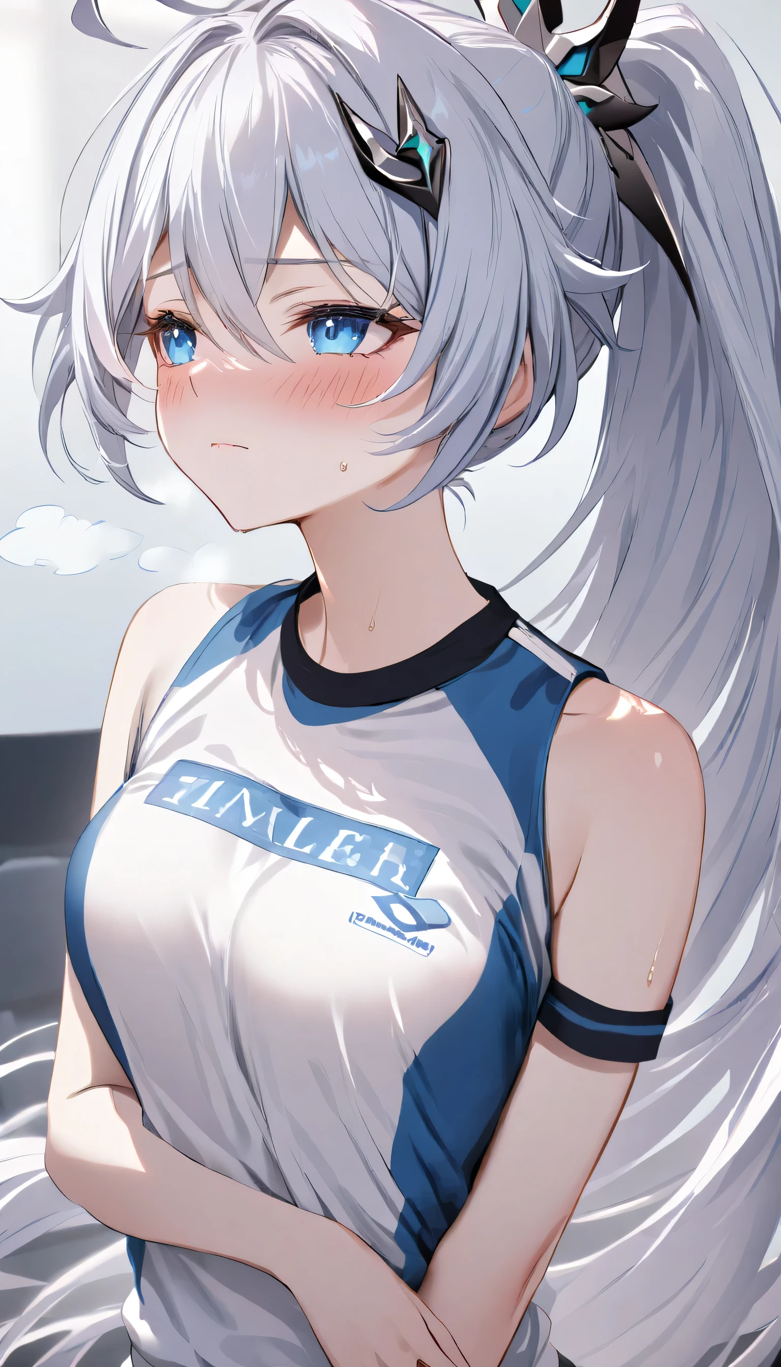 masterpiece, ultra HD, high-resolution, detailed, (highly detailed:1.5), (sharp focus:1.4), (crisp edges:1.3), 1girl, kiana kaslana \(honkai impact 3rd\), herrscher of finality, silver hair, ahoge, ponytail, very long hair, blue eyes, medium breast, skinny skin, blush, closed mouth, heavy breathing, (sports uniform:1.6), (blue varsity jacket:1.6), (white button-up shirt:1.4),