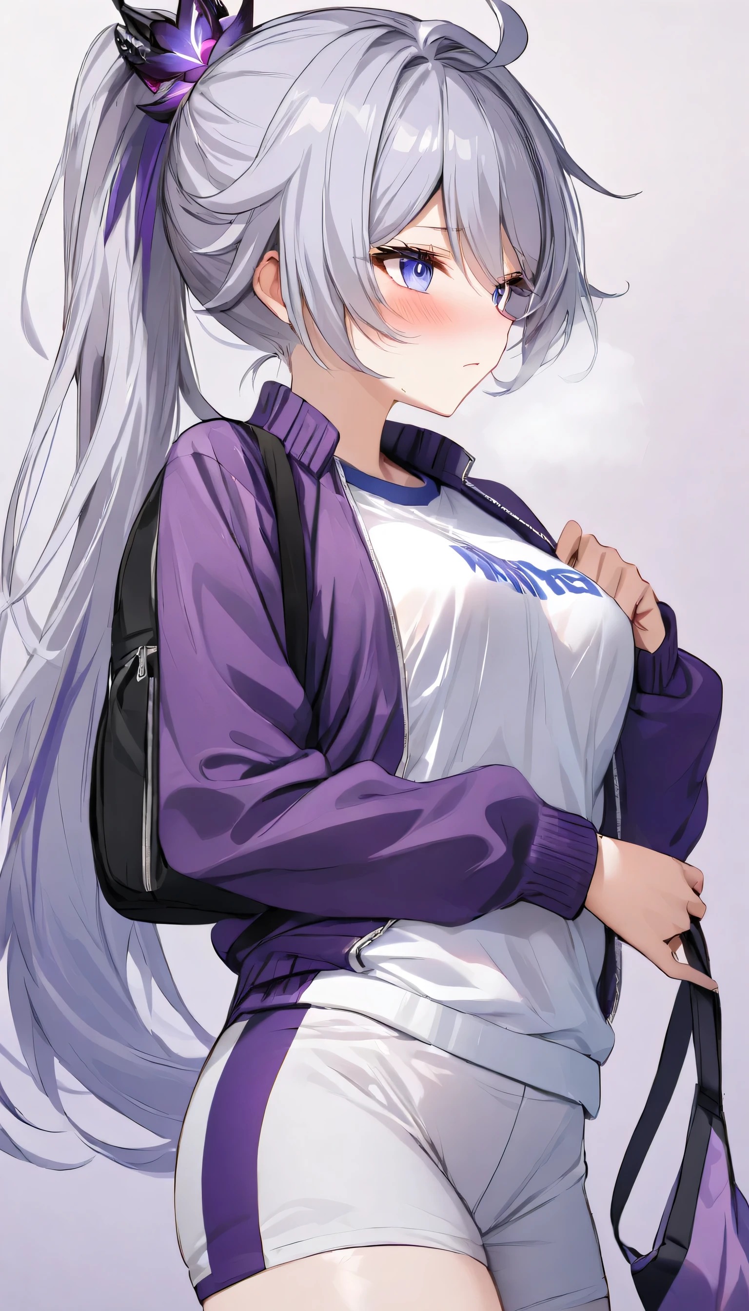 masterpiece, ultra HD, high-resolution, detailed, (highly detailed:1.5), (sharp focus:1.4), (crisp edges:1.3), 1girl, kiana kaslana \(honkai impact 3rd\), herrscher of finality, silver hair, ahoge, ponytail, very long hair, blue eyes, medium breast, skinny skin, blush, closed mouth, heavy breathing, (sports uniform:1.6), (sporty bag:1.5), (purple varsity jacket:1.6), (white button-up shirt:1.4), 